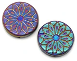 2pc 18mm Czech Pressed Glass Geometric Flower Coin Beads, Jet w/Full Sliperit