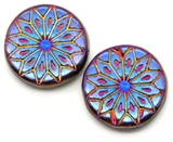 2pc 18mm Czech Pressed Glass Geometric Flower Coin Beads, Jet w/Full Sliperit