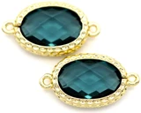 2pc 18x10mm Brass & Cut-Glass Crystal Faceted Oval Links, Teal/Light Gold