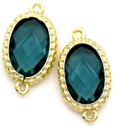 2pc 18x10mm Brass & Cut-Glass Crystal Faceted Oval Links, Teal/Light Gold