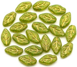 5-Gram Bag of 10x6mm Czech Pressed Glass Top-Drilled Leaf Beads, Crystal w/Pebbled Olive & Gold Wash