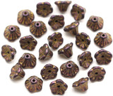 Approx. 5-Gram Bag of 7x5mm Czech Pressed Glass Bell Flower Beads, Jet w/Gold Wash & Iridescent Deep Violet