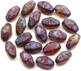 Approx. 5-Gram Bag of 8x6mm Czech Pressed Glass Long Bicone Beads, Crystal & Red Swirl w/Picasso & Pebbled Blue