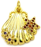 18x18.5mm 18k Gold-Plated Brass & Cubic Zirconia Shell w/Starfish Charm