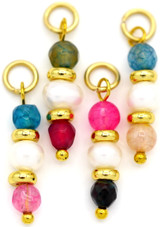 Random Mix: 4pc 19x5mm Shell Pearl Semi-Round Bead & Crackle Agate Faceted Round Bead Charms, Multicolor/Gold