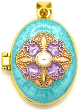 26x21mm 18k Gold-Plated Brass Enameled Floral Oval Locket Pendant w/Faux Pearl, Aqua/Purple/Pink