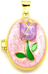 26x21mm 18k Gold-Plated Brass Enameled Tulip Oval Locket Pendant, Purple/Pink/Green