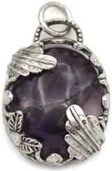 1pc Approx. 30x21mm Brass & Amethyst Art Nouveau Oval Pendant, Antique Silver