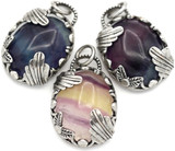 1pc Approx. 30x21mm Brass & Fluorite Art Nouveau Oval Pendant, Antique Silver