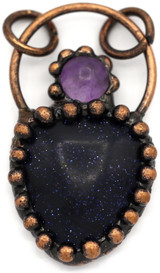 Approx. 41x23mm Blue Goldstone (Man-Made) Pendant w/Amethyst Accent, Antique Copper (See Photo for Variation)