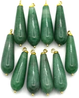 2pc Approx. 40x10mm Green Aventurine Teardrop Pendant, Gold