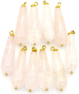 2pc Approx. 40x10mm Rose Quartz Teardrop Pendant, Gold