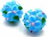 Approx. 14mm Finely-Detailed Lampwork Art Glass Floral Barrel Bead, Blue w/Blue & Pink Flowers