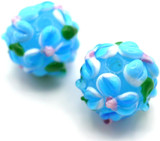 Approx. 14mm Finely-Detailed Lampwork Art Glass Floral Barrel Bead, Blue w/Blue & Pink Flowers