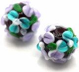 Approx. 14mm Finely-Detailed Lampwork Art Glass Floral Barrel Bead, Deep Violet w/Blue & Purple Flowers