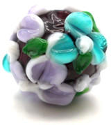Approx. 14mm Finely-Detailed Lampwork Art Glass Floral Barrel Bead, Deep Violet w/Blue & Purple Flowers