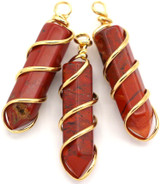 1pc 41x11mm Brass & Red Rainbow Jasper Wire Wrapped Point Pendant