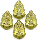 4pc 17x12mm Czech Pressed Glass Christmas Tree Beads, Transparent Peridot w/Silver Wash & Gold Shimmer