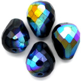 4pc 13x10mm Czech Fire-Polished Glass Faceted Drop Beads, Montana Blue AB
