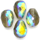 4pc 13x10mm Czech Fire-Polished Glass Faceted Drop Beads, Smoky Gray AB