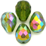 4pc 13x10mm Czech Fire-Polished Glass Faceted Drop Beads, Olivine AB