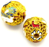2pc 10mm Crane Enameled Filigree Beads, Gold w/Gray, White & Red