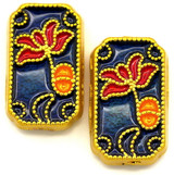 2pc 12x7mm 2-Sided Enameled Lotus Flower Rectangle Beads, Matte Gold w/Blue, Teal, Red & Orange