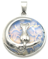 31x27mm Opalite Glass Pendant w/Crescent Moon & Cat, Antique Silver