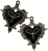 2pc 34x30mm Enameled Spiked Heart w/Cross Pendants, Gunmetal & Black
