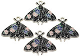 4pc 26x20mm Enameled Goth Moth Pendants, Silver/Black/Pink
