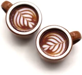 2pc 15x9mm Enameled Coffee Cup w/Printed Latte Art Pendants, Brown