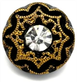 14mm Czech Pressed Glass Concentric Flower Button w/Rhinestone, Jet Gold