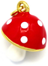 16x12mm Enameled Brass Mushroom Pendant, Gold/White/Red