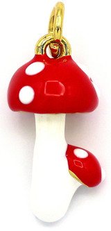 17x9mm Enameled Brass Double Mushroom Pendant, Gold/White/Red