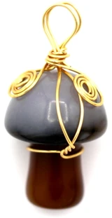 1pc Approx. 29x15mm Wire-Wrapped Gray Agate Mushroom Pendant, Gold