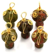 1pc Approx. 29x15mm Wire-Wrapped Unakite Mushroom Pendant, Gold