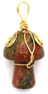 1pc Approx. 29x15mm Wire-Wrapped Unakite Mushroom Pendant, Gold