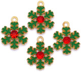 4pc 22x19mm Enameled Christmas Snowflake Charms, Green & Gold w/Red Rhinestone