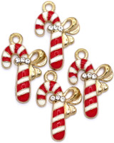 4pc 22x14mm Enameled Candy Cane Charms w/Rhinestones, Gold