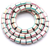 Approx. 15.5" Strand 6mm Polymer Clay Candy-Striped Cylinder Beads, White Multi w/Gold Shimmer