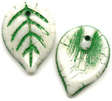 10pc 18x13mm Czech Pressed Glass Top-Drilled Leaf Beads, Alabaster w/Sage Green Luster & Garden Green Wash