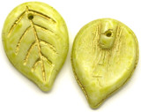 5pc 18x13mm Czech Pressed Glass Top-Drilled Leaf Beads, Alabaster w/Marbled Sage & Gold Wash