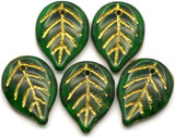 5pc 18x13mm Czech Pressed Glass Top-Drilled Leaf Beads, Transparent Evergreen w/Picasso & Gold Wash