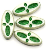 4pc 20x9mm Czech Pressed Glass Patterned Oval Beads, Alabaster w/Sage Green Luster & Garden Green Wash