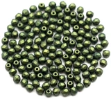 Approx. 5-Gram Bag (About 125pc) of 3mm Czech Fire-Polished Glass Faceted Round Beads, Alabaster w/Gold Shine Dark Olive