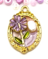 Lavender Mini Bundle: 31x21mm Floral Oval Framed Pendant & Glass Bead Mix