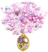 Lavender Mini Bundle: 31x21mm Floral Oval Framed Pendant & Glass Bead Mix
