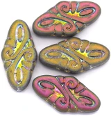 4pc 19x10mm Czech Pressed Glass Diamond Beads w/Arabesque Swirl, Matte Alabaster w/Vitrail