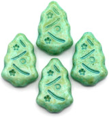 4pc 17x12mm Czech Pressed Glass Christmas Tree Beads, Alabaster w/Marbled Sage & Blue Wash