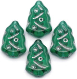 4pc 17x12mm Czech Pressed Glass Christmas Tree Beads, Emerald Green w/Silver Wash